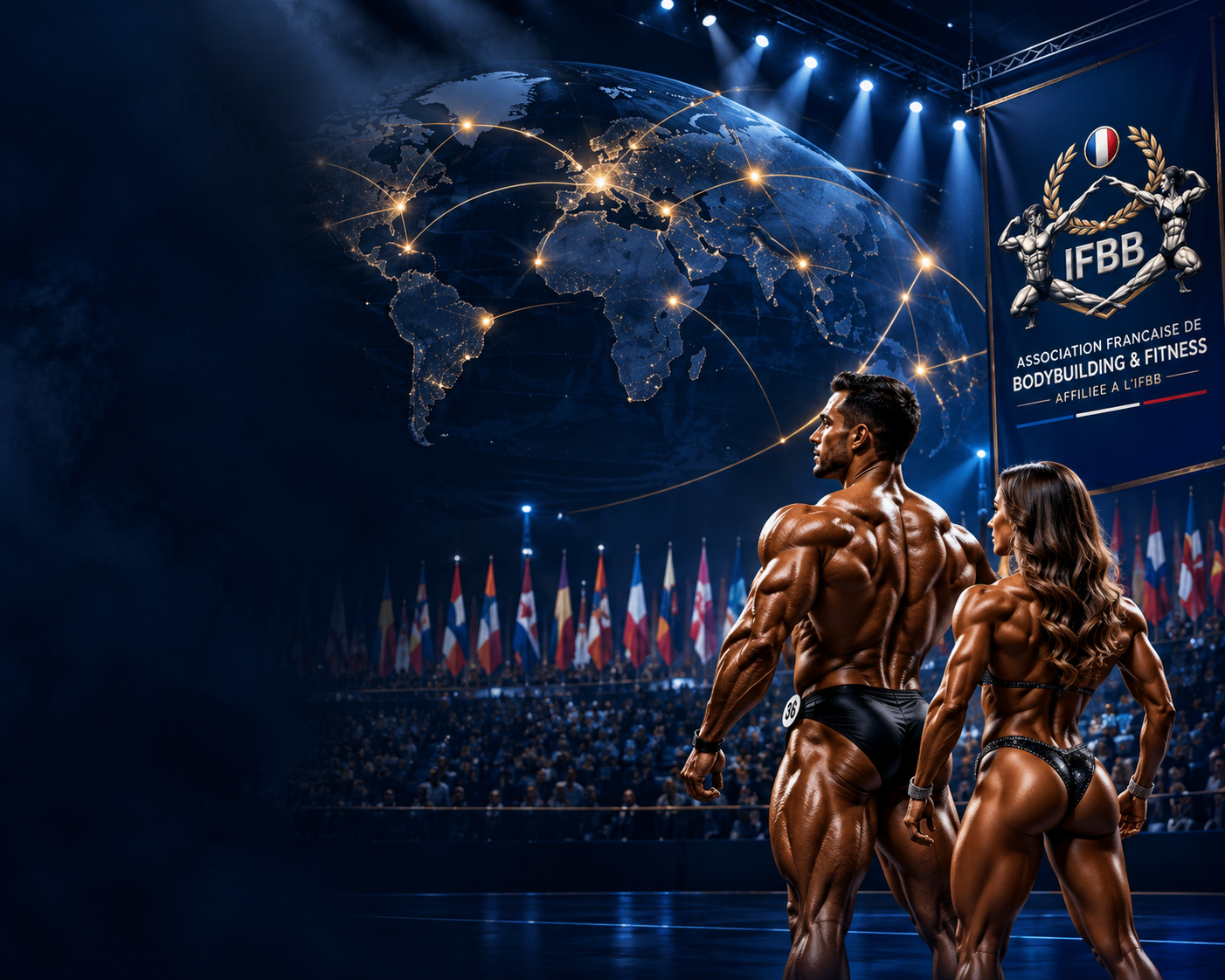 Deux athlètes de culturisme IFBB devant une mappemonde et le drapeau « United through Fitness »